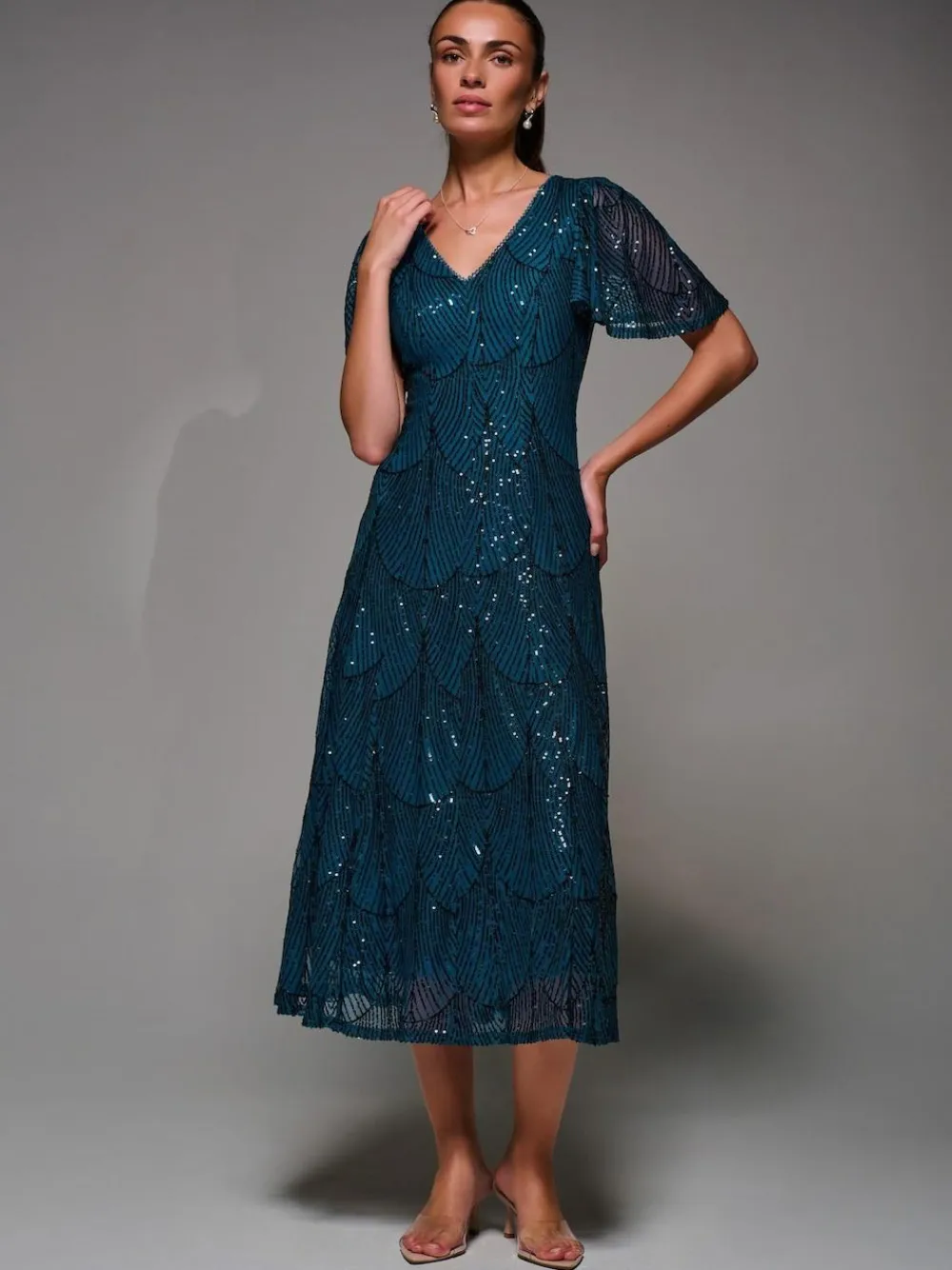 Sale Jolie Moi Sequin Angel Sleeve Fit & Flare Midaxi Dress Blue