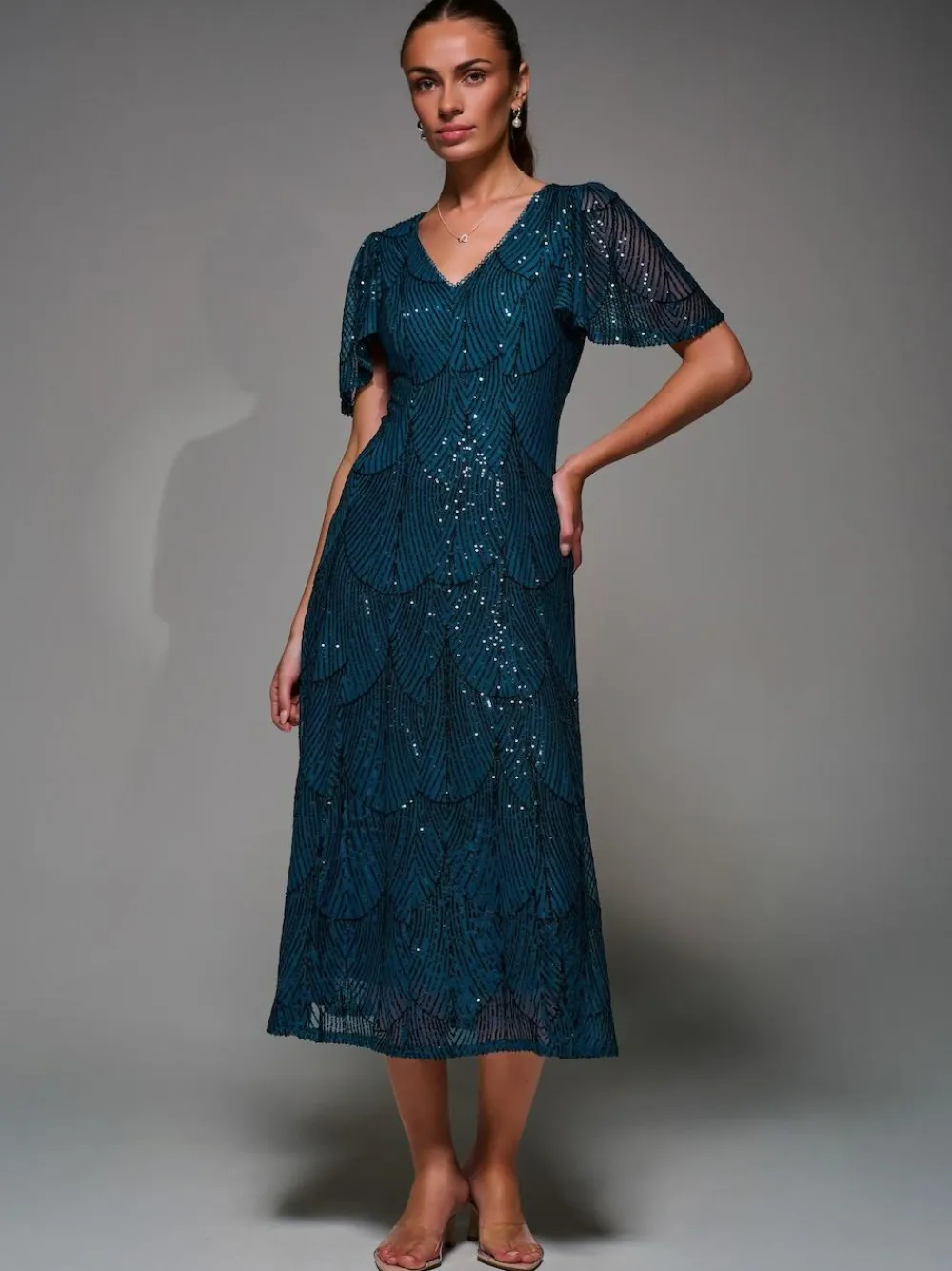 Sale Jolie Moi Sequin Angel Sleeve Fit & Flare Midaxi Dress Blue