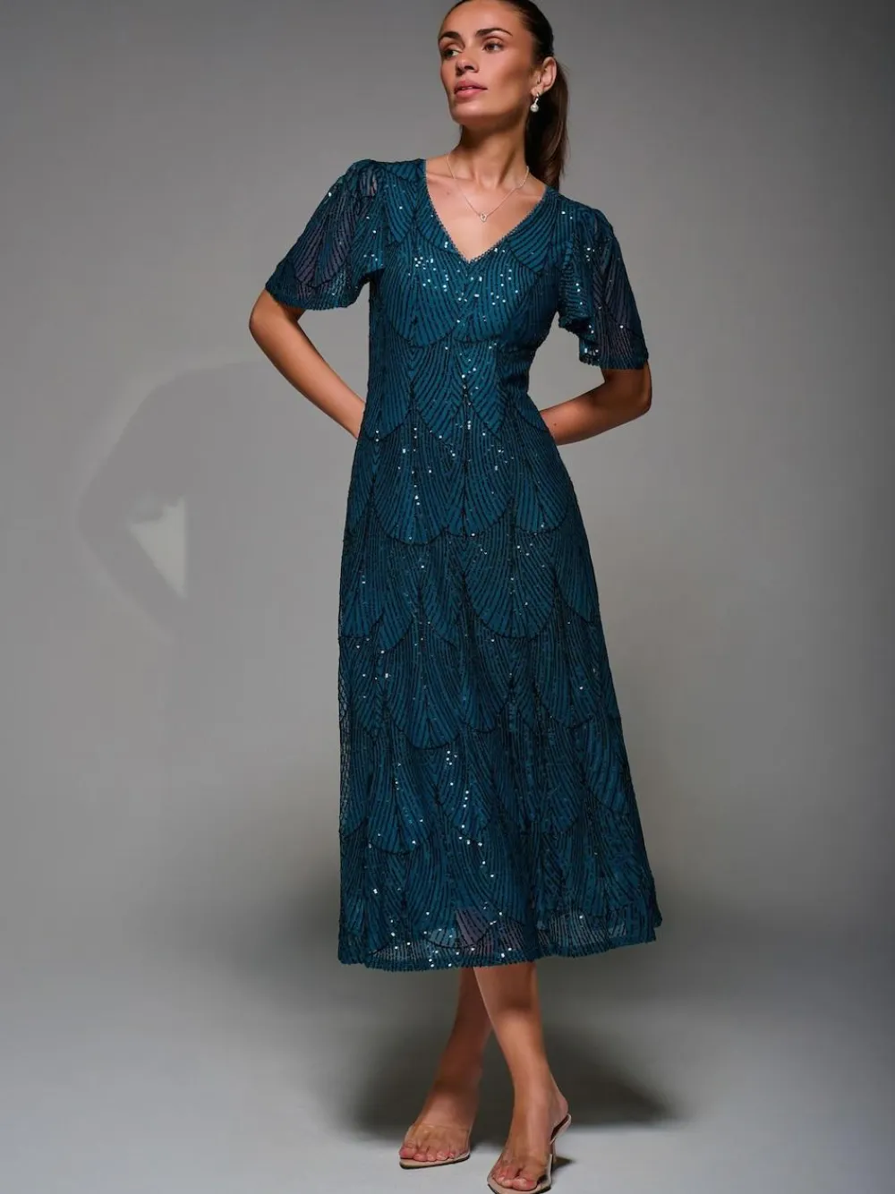 Sale Jolie Moi Sequin Angel Sleeve Fit & Flare Midaxi Dress Blue