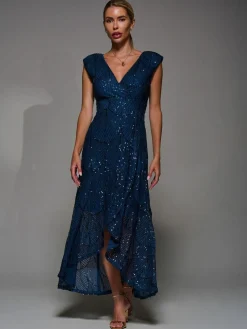 Outlet Jolie Moi Blue Sequin Asymmetric Ruffle Hem Maxi Dress