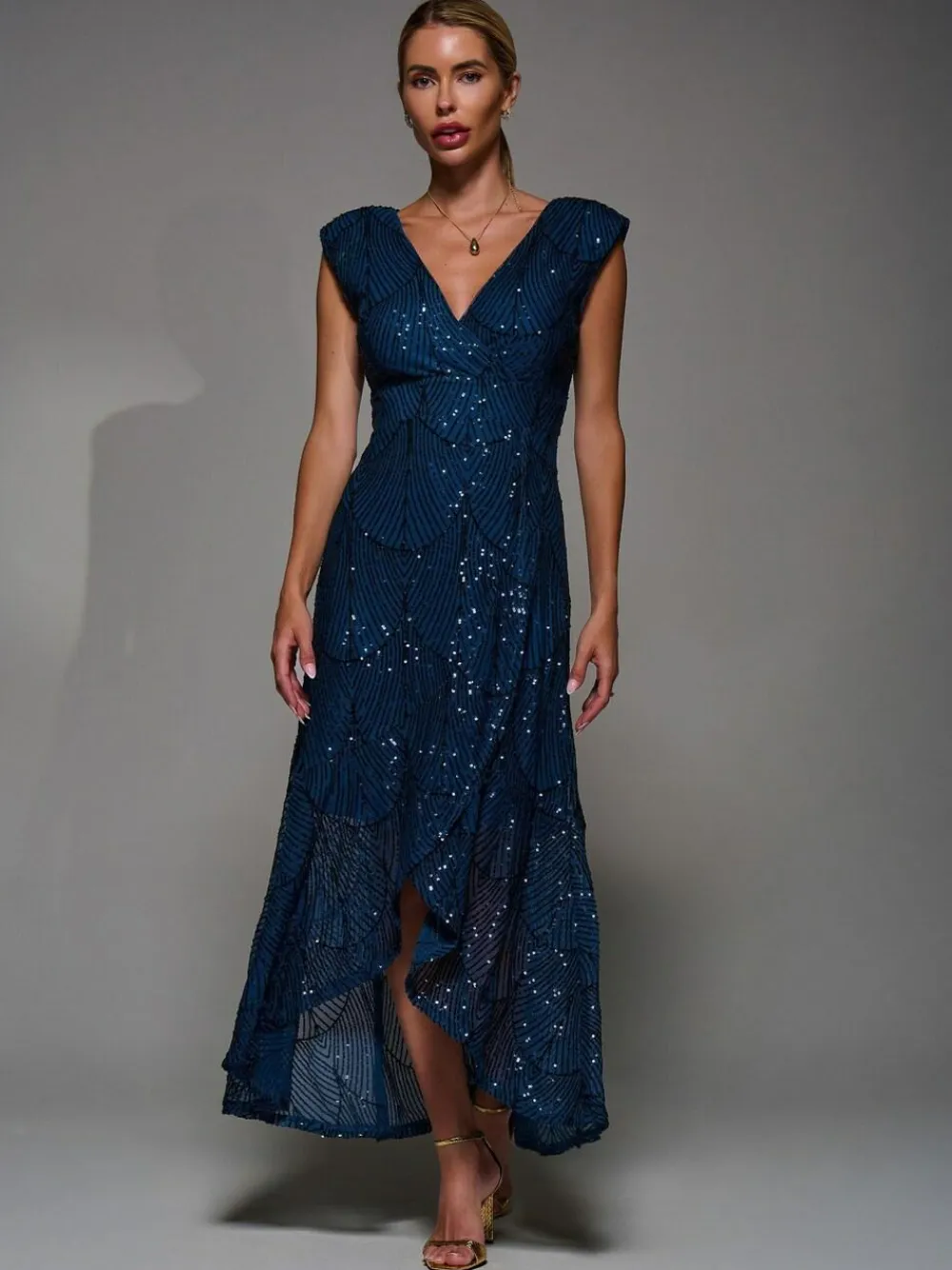 Outlet Jolie Moi Blue Sequin Asymmetric Ruffle Hem Maxi Dress
