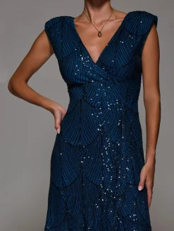 Outlet Jolie Moi Blue Sequin Asymmetric Ruffle Hem Maxi Dress