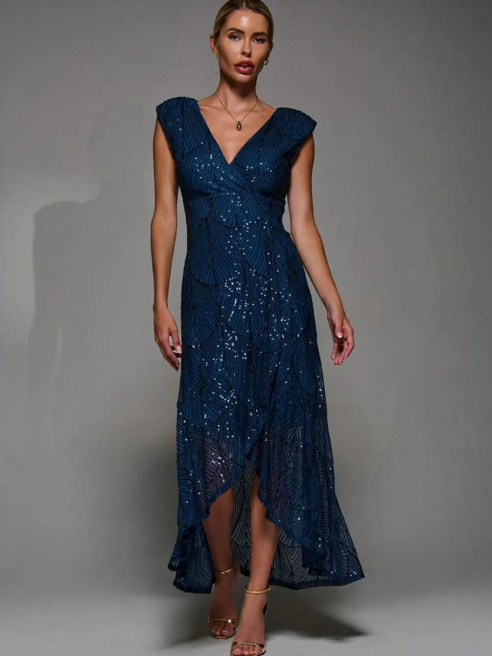 Outlet Jolie Moi Blue Sequin Asymmetric Ruffle Hem Maxi Dress