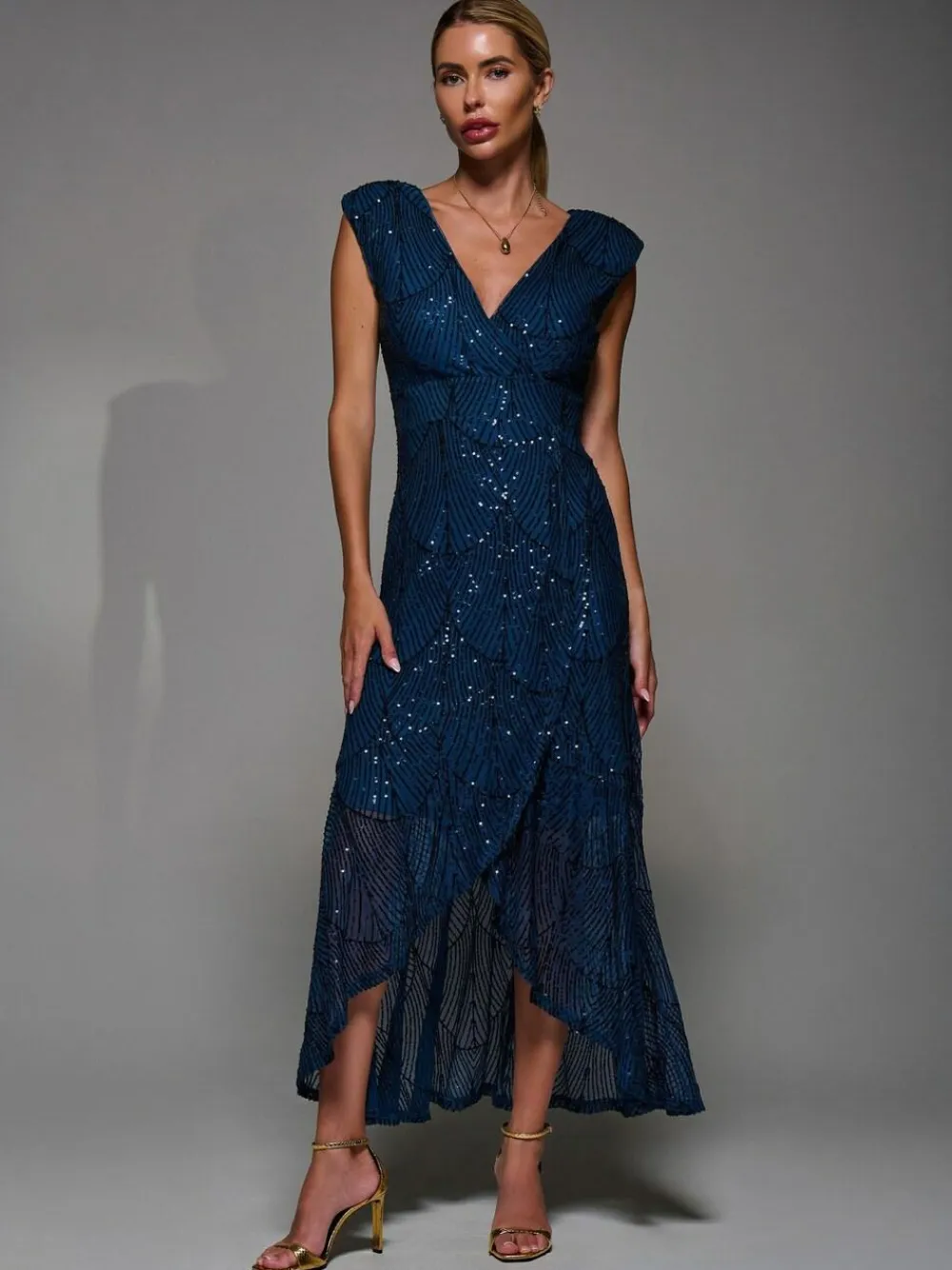 Outlet Jolie Moi Blue Sequin Asymmetric Ruffle Hem Maxi Dress