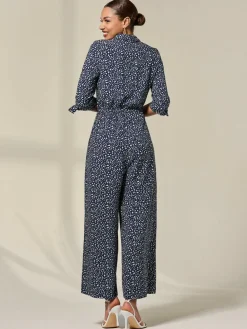 Clearance Jolie Moi Blue Tie Half Sleeve Wide Leg Jumpsuit