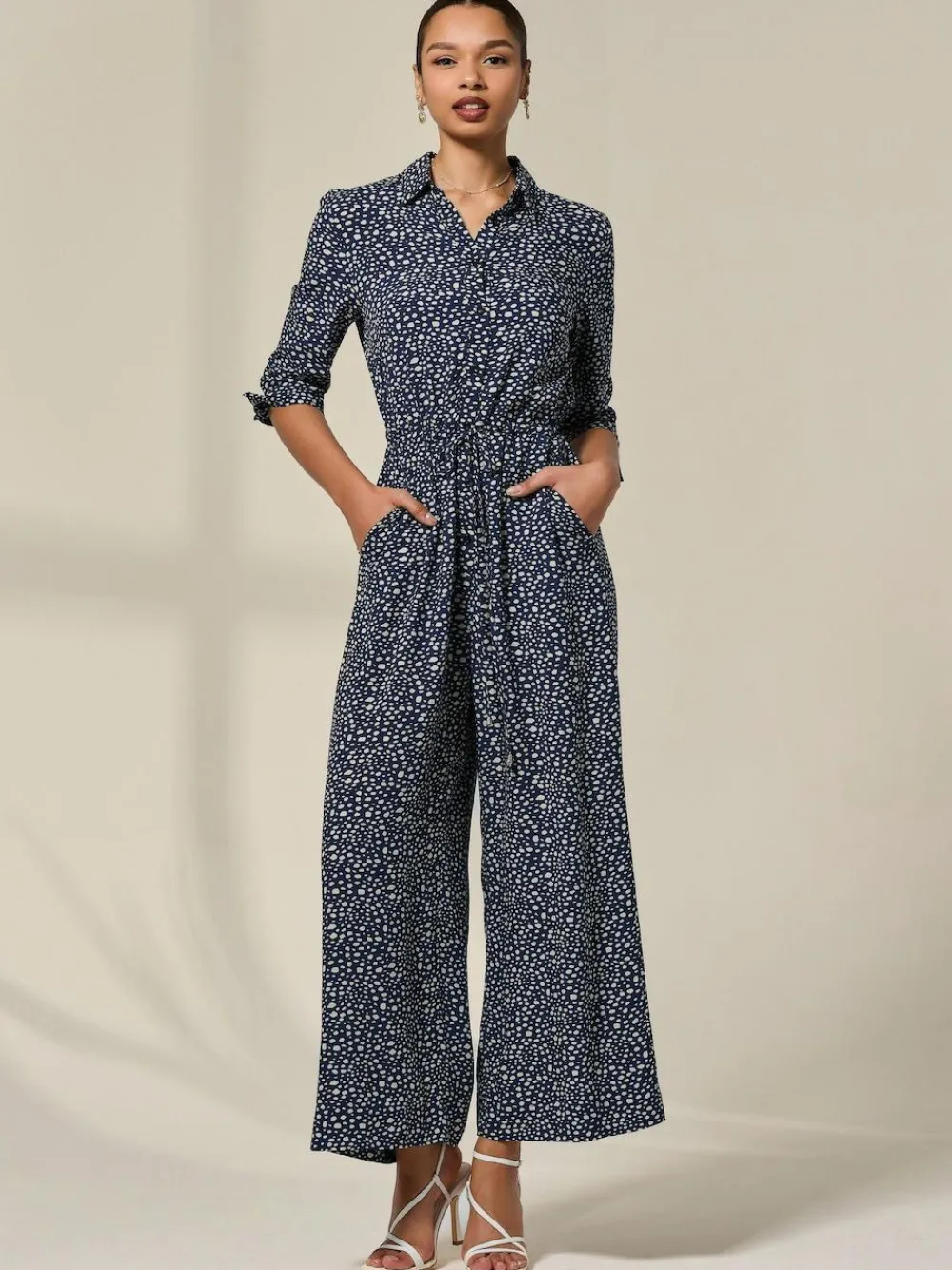Clearance Jolie Moi Blue Tie Half Sleeve Wide Leg Jumpsuit