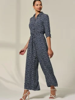 Clearance Jolie Moi Blue Tie Half Sleeve Wide Leg Jumpsuit