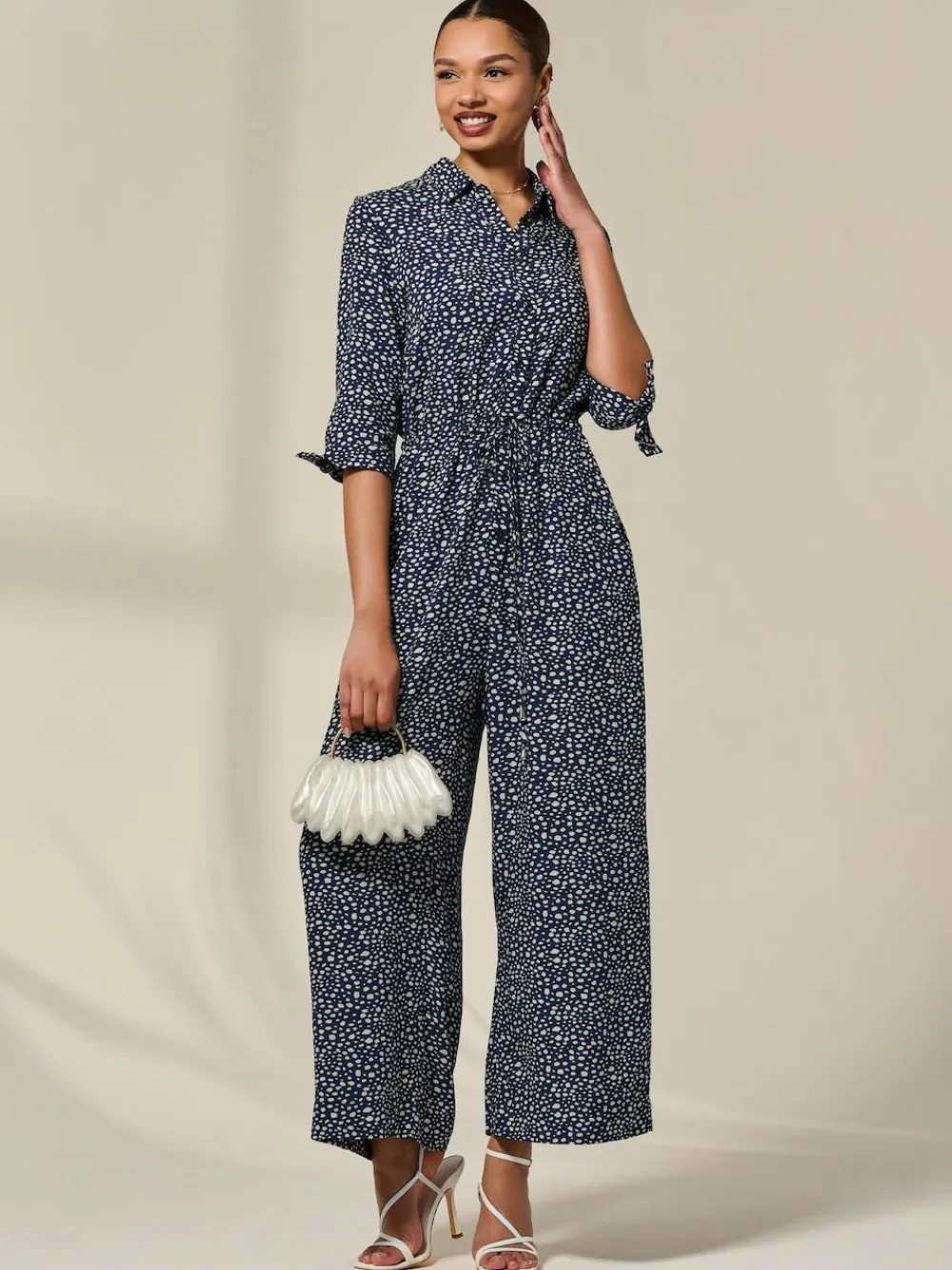 Clearance Jolie Moi Blue Tie Half Sleeve Wide Leg Jumpsuit