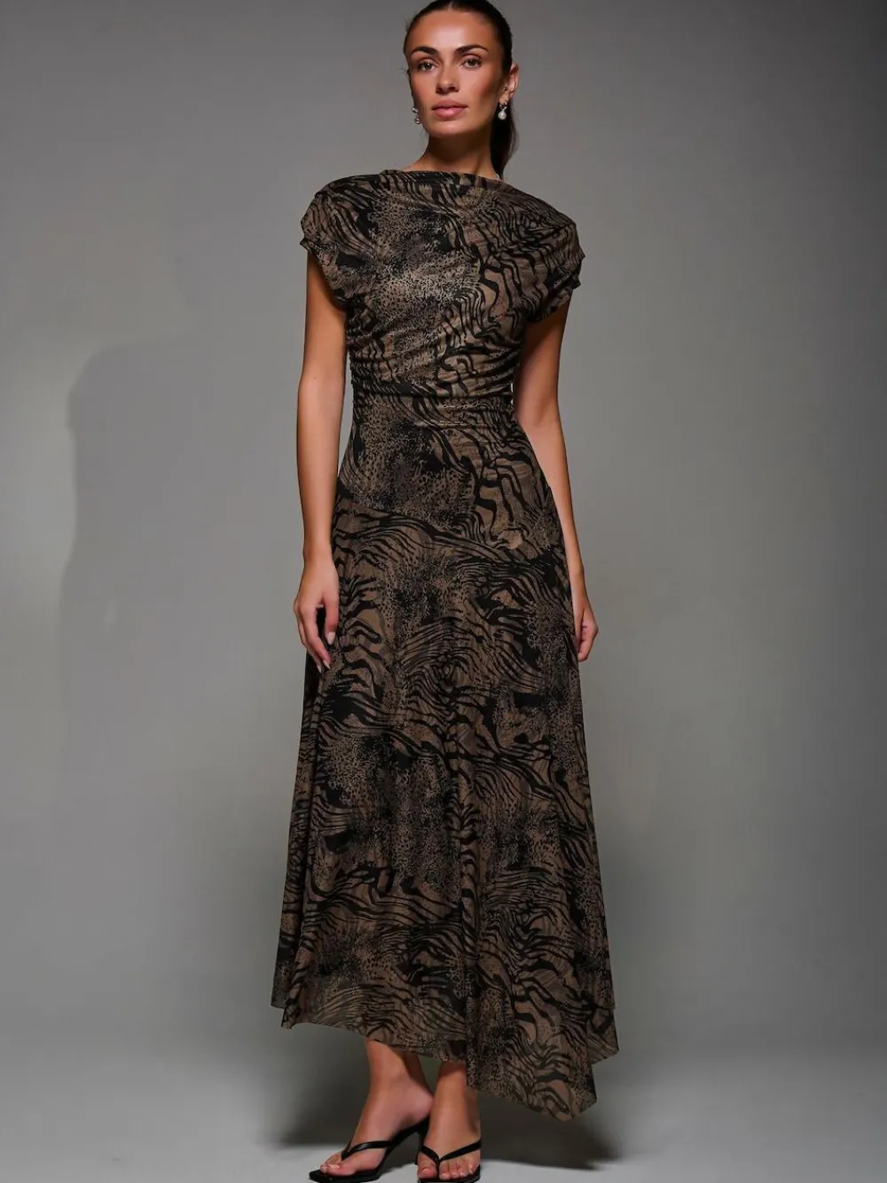 Best Jolie Moi Asymmetrical Draped Slash Neck Midaxi Dress Brown