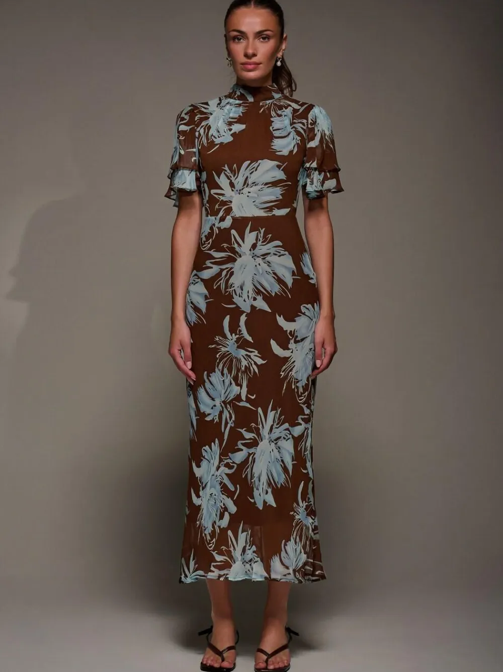 Outlet Jolie Moi Brown High Neck Angel Sleeve Chiffon Maxi Dress