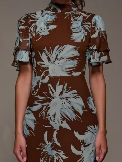 Outlet Jolie Moi Brown High Neck Angel Sleeve Chiffon Maxi Dress