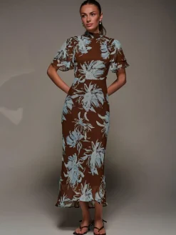 Outlet Jolie Moi Brown High Neck Angel Sleeve Chiffon Maxi Dress