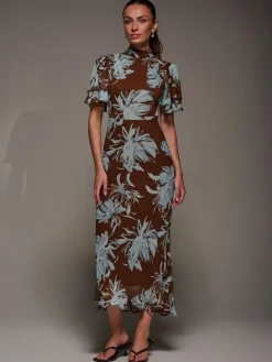 Outlet Jolie Moi Brown High Neck Angel Sleeve Chiffon Maxi Dress