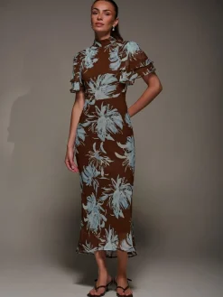 Outlet Jolie Moi Brown High Neck Angel Sleeve Chiffon Maxi Dress