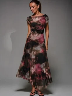 Discount Jolie Moi Mesh Asymmetrical Draped Maxi Dress Brown