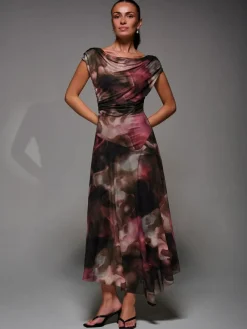 Discount Jolie Moi Mesh Asymmetrical Draped Maxi Dress Brown