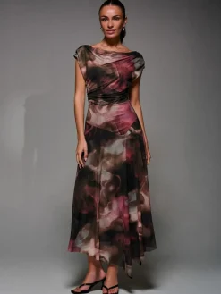 Discount Jolie Moi Mesh Asymmetrical Draped Maxi Dress Brown