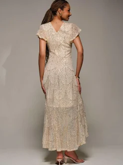 Jolie Moi Gold Frill Short Sleeve Sequin Maxi Dress^Women Occasion Dresses|Midi Dresses