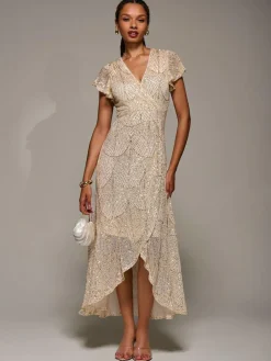 Jolie Moi Gold Frill Short Sleeve Sequin Maxi Dress^Women Occasion Dresses|Midi Dresses