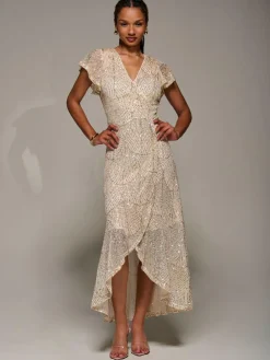 Jolie Moi Gold Frill Short Sleeve Sequin Maxi Dress^Women Occasion Dresses|Midi Dresses