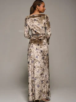 Best Jolie Moi Gold Ruffle Sleeve Asymmetric Neck Velvet Maxi Dress