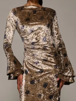 Best Jolie Moi Gold Ruffle Sleeve Asymmetric Neck Velvet Maxi Dress