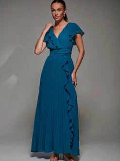 Clearance Jolie Moi Pleated Frill Detail Chiffon Maxi Dress Green