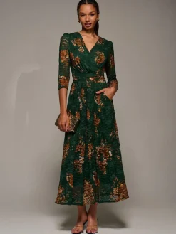 Discount Jolie Moi Three Quarter Sleeve Printed Lace Maxi Dress Green