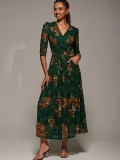 Discount Jolie Moi Three Quarter Sleeve Printed Lace Maxi Dress Green