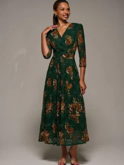 Discount Jolie Moi Three Quarter Sleeve Printed Lace Maxi Dress Green
