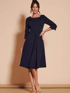 Outlet Jolie Moi 3/4 Sleeve Fold Neck Midi Dress Navy Blue