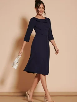 Outlet Jolie Moi 3/4 Sleeve Fold Neck Midi Dress Navy Blue