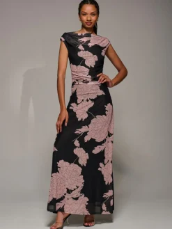 Jolie Moi Multiway Neckline Mesh Maxi Dress Pink