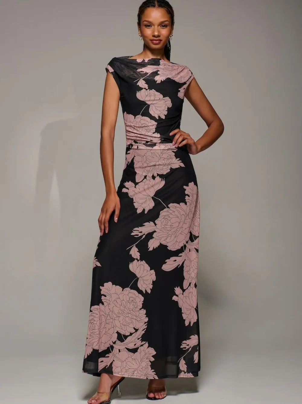 Jolie Moi Multiway Neckline Mesh Maxi Dress Pink