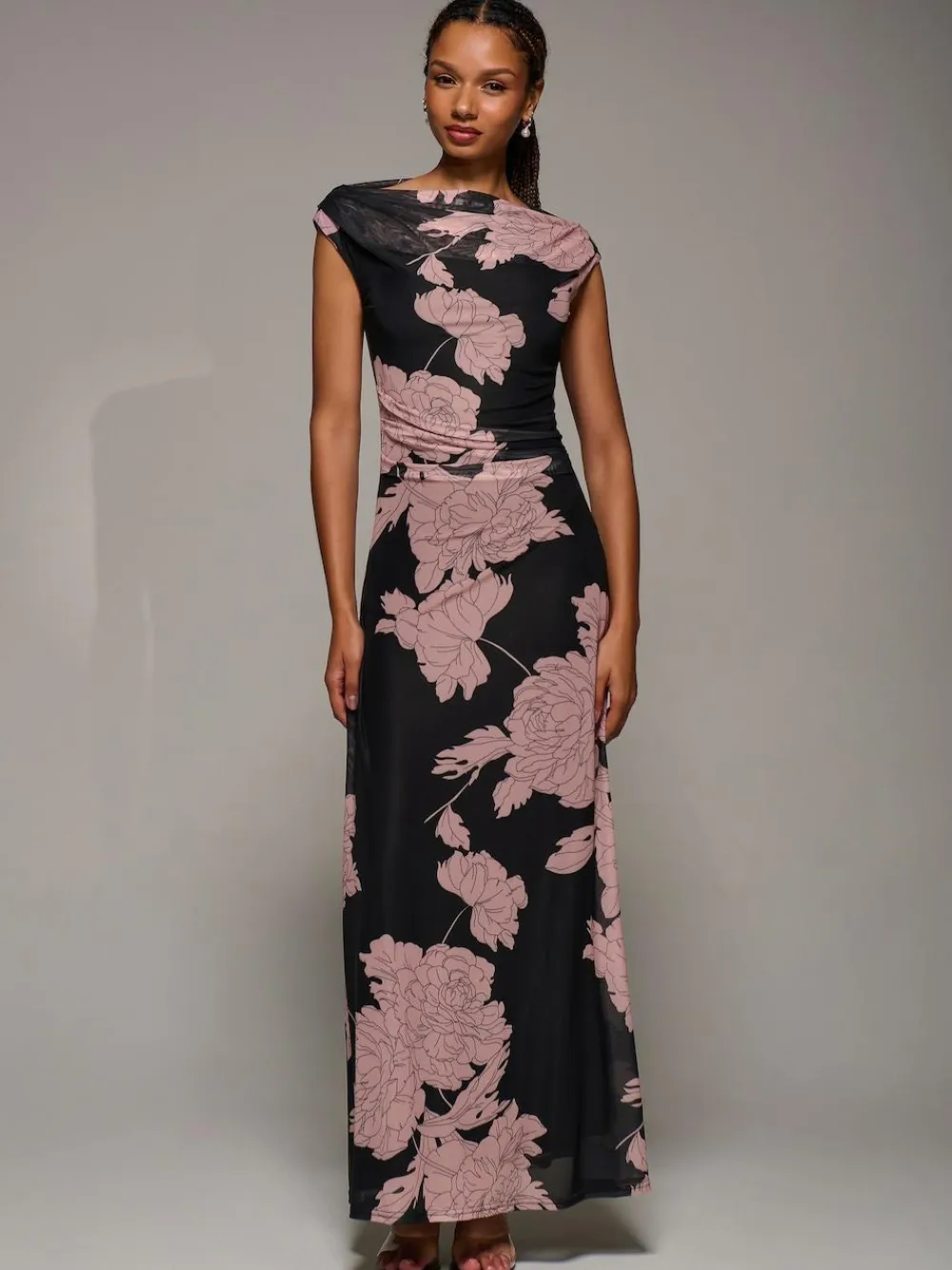 Jolie Moi Multiway Neckline Mesh Maxi Dress Pink