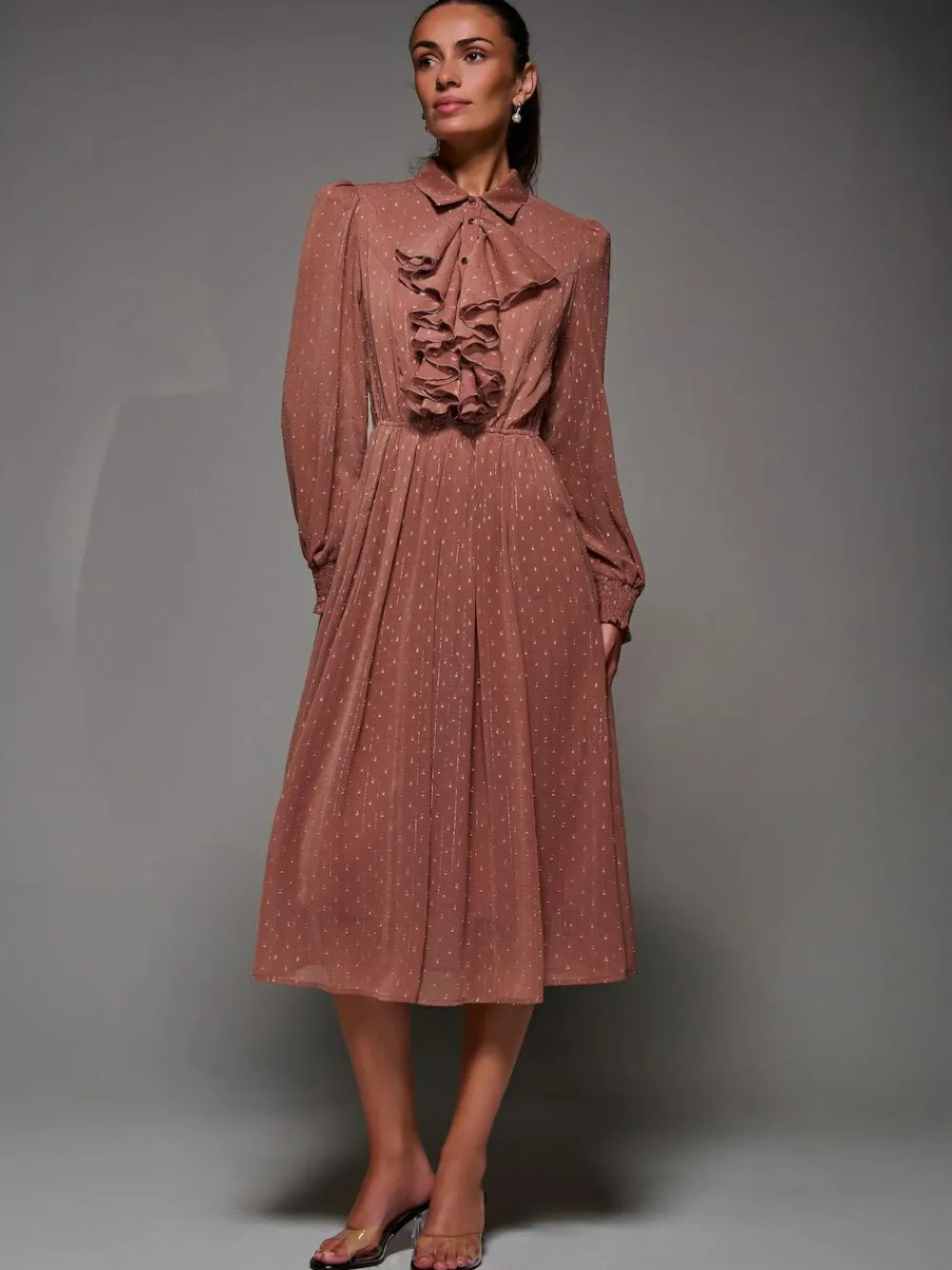 Jolie Moi Pink Textured Chiffon Ruffle Shirt Dress^Women Occasion Dresses|Midi Dresses