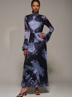 New Jolie Moi Ruffle Long Sleeve Mesh Maxi Dress Purple