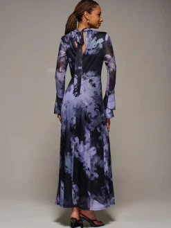 New Jolie Moi Ruffle Long Sleeve Mesh Maxi Dress Purple