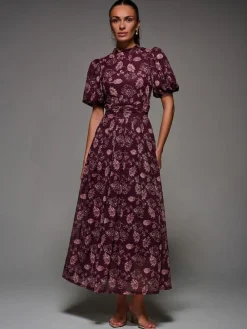 Online Jolie Moi Puffy Sleeve Printed Mesh Maxi Dress Red