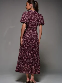 Online Jolie Moi Puffy Sleeve Printed Mesh Maxi Dress Red