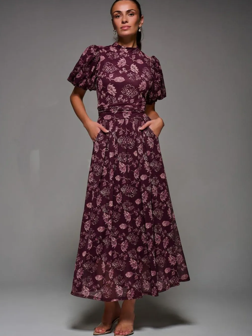 Online Jolie Moi Puffy Sleeve Printed Mesh Maxi Dress Red