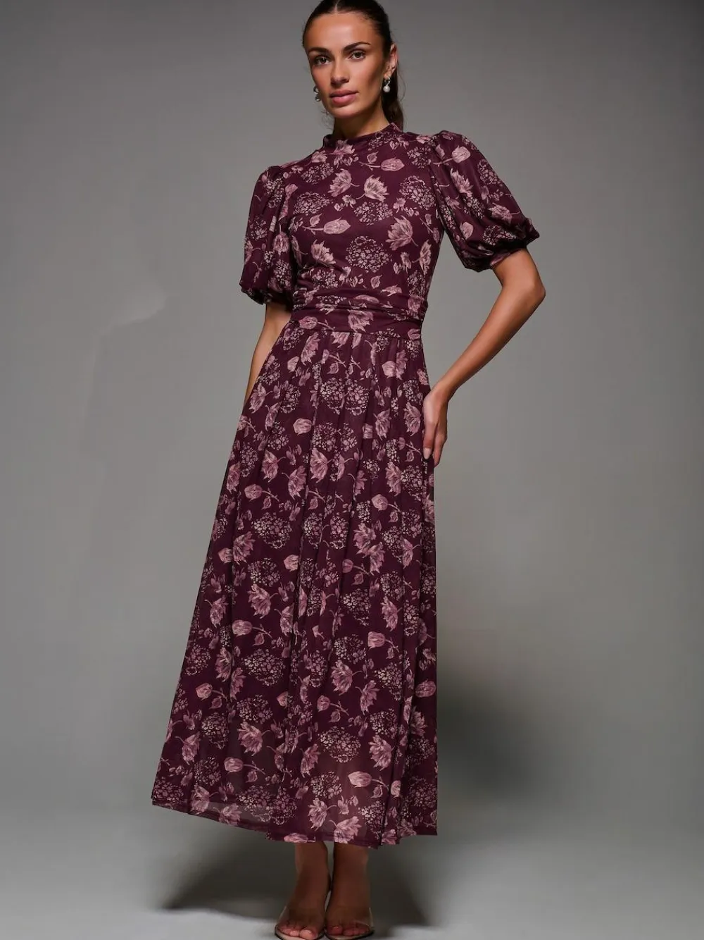 Online Jolie Moi Puffy Sleeve Printed Mesh Maxi Dress Red