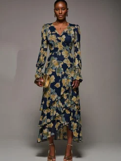 Best Jolie Moi Yellow Long Sleeve Ruffle Hem Mesh Maxi Dress