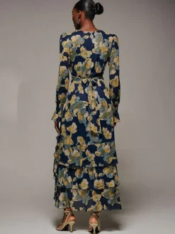 Best Jolie Moi Yellow Long Sleeve Ruffle Hem Mesh Maxi Dress