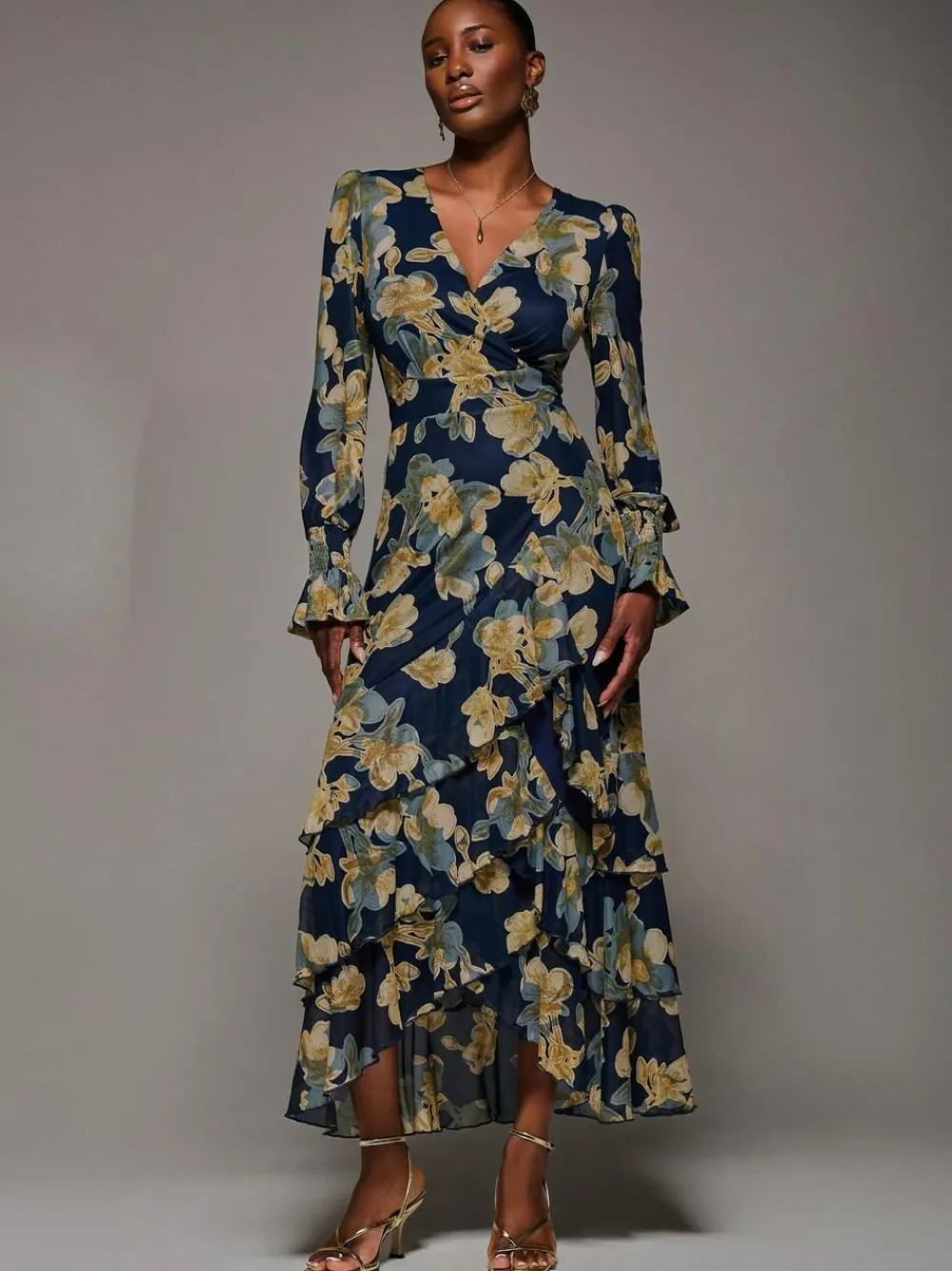 Best Jolie Moi Yellow Long Sleeve Ruffle Hem Mesh Maxi Dress