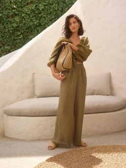 Next Khaki Green 100% Linen Premium Wide Leg Trousers^Women Pants