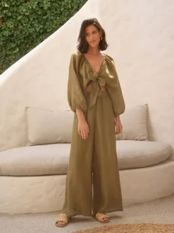 Next Khaki Green 100% Linen Premium Wide Leg Trousers^Women Pants