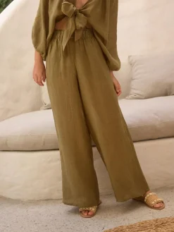 Next Khaki Green 100% Linen Premium Wide Leg Trousers^Women Pants