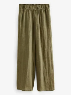 Next Khaki Green 100% Linen Premium Wide Leg Trousers^Women Pants
