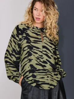Discount Next Khaki Green Animal Print Long Sleeve V-Neck Blouse